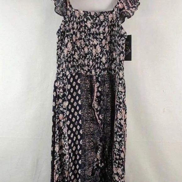 Art class navy & pink floral dress w/ shorts flutter sleeves, front open skirt M - Picture 6 of 9